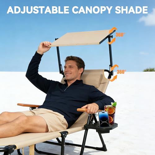 Beach Lounge Chair with Sun Shade, Folding Outdoor Chaise Lounge Chair with Arms, 4-Position Backrest, Extended Sun Tanning Chair Pillow & Cup Holder, Patio Lounger for Outside for Beach(Beige-U) - color: Beige-u