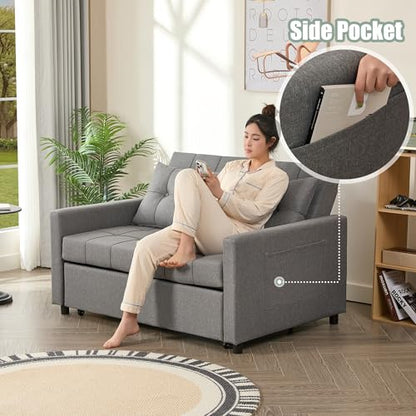 GOSUHI 52" 3-in-1 Convertible Sleeper Sofa Bed, Linen, Light Gray | Pull-Out Bed, Stepless Adjustable Backrest, Side Pocket, Compact Loveseat, Living Room, Dorm & Apartment - color: Light Gray