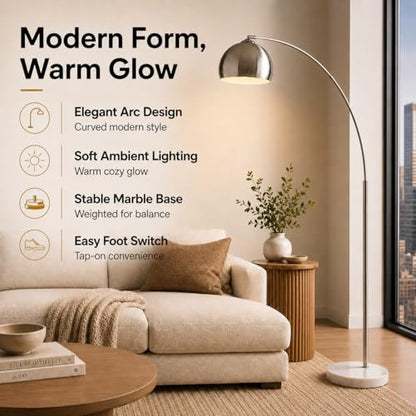 Teamson Home Arquer 68.1" Arc Floor Lamp for Living Rooms, Home Offices, Dining Rooms, Bedrooms with Faux White Marble Base and Nickel Bell Shade - color: Nickle Shade / White Marble Base