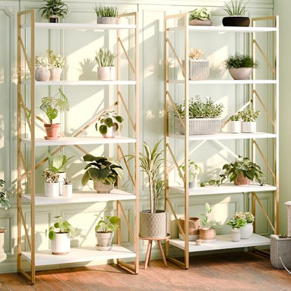 Shintenchi 5 Tiers Bookshelf, Classically Tall Bookcase Shelf,Industrial Book Rack,Modern Book Holder in Bedroom/Living Room/Home/Office, Storage Rack Shelves for Books/Movies,Gold - color: Gold