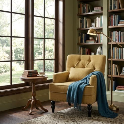 HUIMO Accent Chair, Tufted Upholstered Club Chair, Mustard Yellow | Tufted upholstered club chair with lumbar pillow and solid wood legs. Suitable for living rooms, bedrooms, and reading nooks. - color: Yellow
