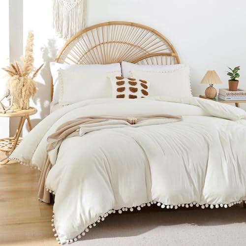 YIRDDEO Full Ivory Microfiber Comforter Set, 3pcs Boho Ball Pom Fringe Design Bedding Set (1 Comforter, 2 Pillowcases) | Solid Color Full Comforter Soft Boho Fluffy Reversible Lightweight Comforter 79"x90"& 2 Pillow Shams 20"x26" for All Seasons - color:
