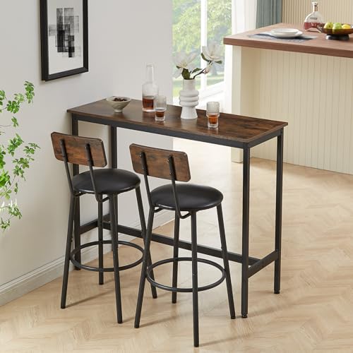 43.31" Bar Table Set for 2, Counter Height Dining Table with PU Upholstered Bar Stools and Backrests, Space-Saving Small Kitchen Table for Breakfast Nook, High Top Table and Chairs Set - color: Rustic Brown, style: Rectangular w/ Upholstered Stool
