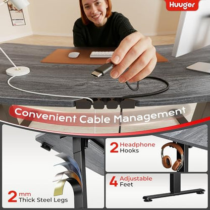 Huuger 전원 콘센트 및 USB-C 포트가 있는 전기 스탠딩 데스크, 139.9 x 61cm(55 x 24인치) 높이 조절 가능한 책상, 홈 오피스, 컴퓨터 및 게이밍 책상용 앉은 스탠드 데스크, 4개의 프리셋, 안정적인 스틸 프레임, 그레이 - color: 회색., size: 55.1 x 23.6 inch