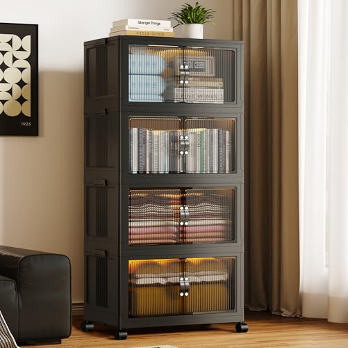 SAILUN 116Gal/464Qt Stackable Storage Bins Folding Collapsible Storage Bins with a Lid, Closet Organizers and Storage,Black 26" W x 17" D x 56.7" H | Stackable Storage Drawers with Lids,26" W x 17" D x 56.7" H,Featuring open-front Access for Clothes and C
