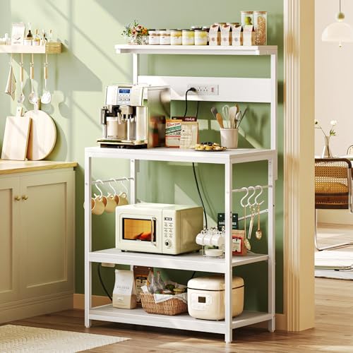SUPERJARE Bakers Rack with Power Outlets, Microwave Stand, 31.5 X 16.5 Inch Larger Desktop, Kitchen Storage Rack with Adjustable Middle Shelf, 6 S-Shaped Hooks, Coffee Bar Stand, White - color: White, size: 31.5 inch