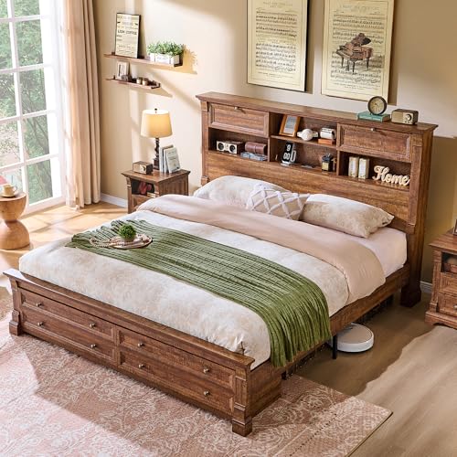 Farmhouse King Size Bed Frame, 2 Drawers & 4 Bookcases On The 54" Headboard | 2 Large Footboard Drawers, Wood Platform Bed Frame with 18" Tall Roman Column, No Box Spring Needed(Reclaimed Barnwood) - color: Reclaimed Barnwood, size: King(U.S.Standard)