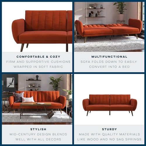 Novogratz Brittany 82 Inch Futon Sofa Bed in Linen, Upholstered Couch Sleeper with Tufted Back, Mid-Century Modern Design, Persimmon - color: Persimmon Linen