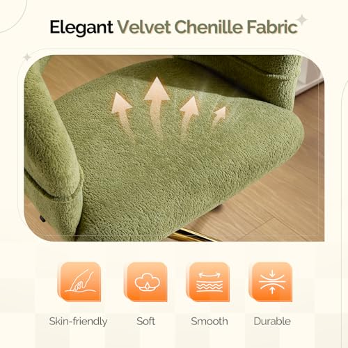 VINGLI Modern Curved Office & Vanity Desk Chair, Cute Upholstered Nail Chair with Wheels & 360° Swivel & Club & Tilting & Gold Base, for Bedroom, Living Room, Makeup, Velvet Chenille, Green - color: Green