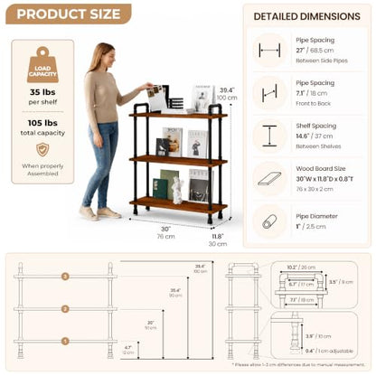 Industrial Bookshelf, Pipe Shelf Bookcase, 3 Tier, 30" Rustic Brown | Solid pine shelves, 30 inch wide, black pipe frame, 35 lbs per shelf, open bookcase for books, plants, office - color: Rustic Brown, size: 30"L × 39"H