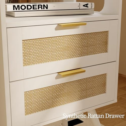 Rattan Nightstand with Charging Station,Farmhouse Bedside Table with 2 Storage Drawer and Open Wood Shelf, for Bedroom and Small Spaces,Night Stand with Solid Wood Legs (White-Outlet) - color: White-outlet