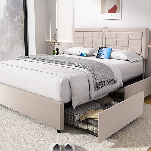 VECELO Full Size Bed Frame with 4 Drawers, Adjustable Tufted Button Headboard, Upholstered Platform with Wood Slats Support, Built-in USB and Type C Ports, Beige - color: Beige, size: Full, style: Bed Frame with Drawer