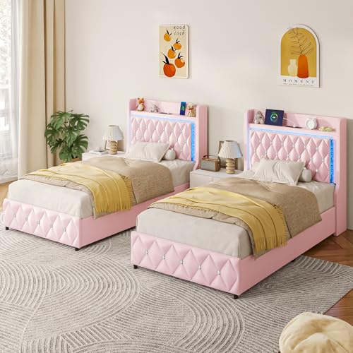 Twin Bed Frame with LED Lights & Charging Station, Upholstered Bed Frame Twin Size with Storage Headboard & 2 Drawers, Diamond Tufted, Curved Wingback, PU Leather, No Box Spring Needed, Pink - color: Pink, size: Twin