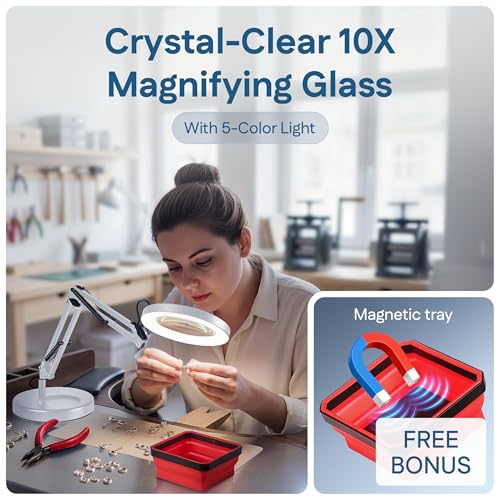 10X Magnifying Lamp - Desk Magnifying Glass with Light, Lighted Magnifying Glass with Stand, Magnifying Light, 5 Color Modes, 2 Mounting Options, USB Cable, Adapter & Magnetic Tray, White - color: White