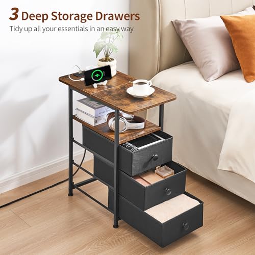 Narrow End Table with Charging Station, Narrow Side Table with 3 Fabric Drawers, Slim Nightstand with LED Light, Small Table with Storage, Living Room, Bedroom, Rustic Brown HKET1303BR - color: Rustic Brown, size: 11.8" W x 23.6" D, style: Power + Light