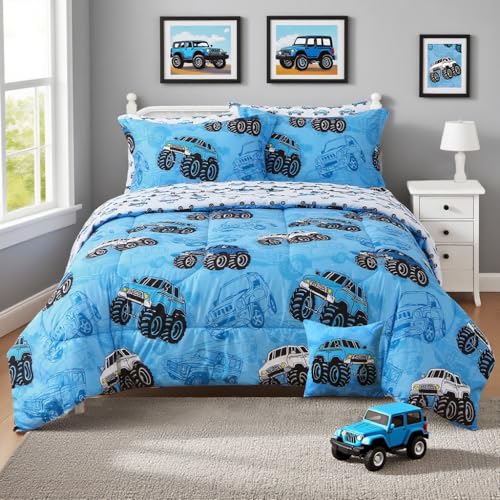 Kids Queen Comforter Sets for Boys 8 Pieces Truck Blue Bedding Set for Teens Soft Microfiber Kids Bed in A Bag with Comforter, Sheet Set, Shams and Decorative Toy Pillow All Season - color: Excavator, size: Queen