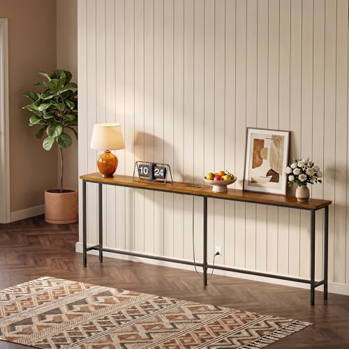 GRLEAF 90 Inch Narrow Sofa Table with Power Outlet, Extra Long Console Table Behind Couch Table with Charging Station, Skinny Entryway Table Thin Table for Living Room, Narrow Spaces (Rustic Brown) - color: Rustic Brown, size: 90IN
