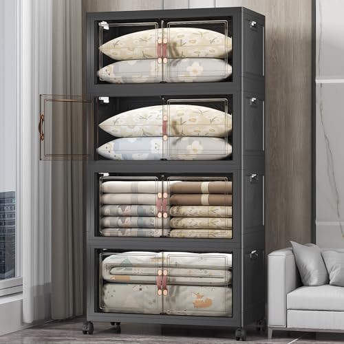 Stackable Storage Bins, 700QT Collapsible Drawers with 1 Lid | Large Capacity, Magnetic Door, Stack Lock, Rolling Wheels, Foldable Design, Organizers and Storage for Bedroom Dorm Garage - color: Dark-175QT, size: 4Pack with 1 top lid