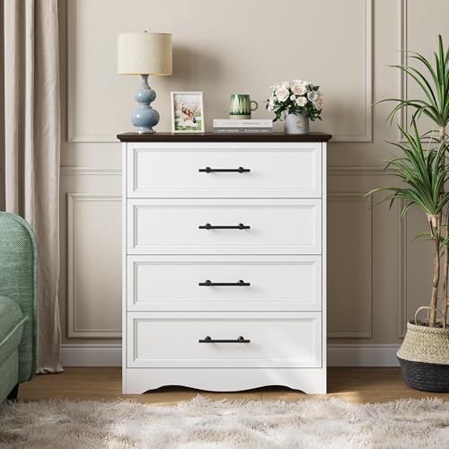 YANSNWO White 4 Drawer Dresser for Bedroom, 36" Tall Chest of Drawers | Brushed Metal Handles, Unique Base Design, Replicated Wood Grain Finish, Modern Farmhouse for Bedroom/Living Room/Hallway - color: White, size: 15.7"D x 29.5"W x 35.8"H (4 Drawers)