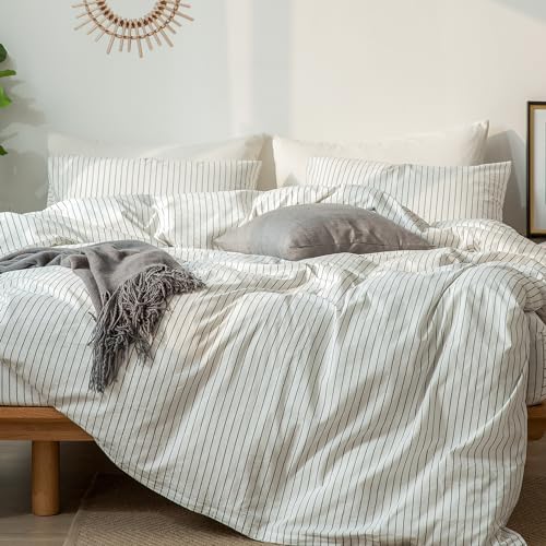 MooMee Striped Duvet Cover Set 100% Washed Cotton Linen Like | Relaxed Linen-like Texture. Soft, Breathable & Long-lasting Comfort. Lightweight. Hidden Zipper with 8 Interior Corner Ties - color: Wide Stripes - White/ Dark Grey (No Comforter), size: Overs