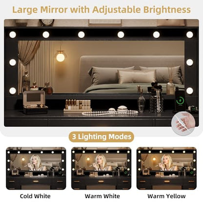 TOKSOM 44.8" Large Vanity Desk with Lighted Mirror & Power Outlet, Black Makeup Vanity Desk with Mirror and Lights, Black Vanity Table with 5 Drawers and 2 Cabinets, Dressing Table for Bedroom - size: 44.8 inch, style: Modern Black