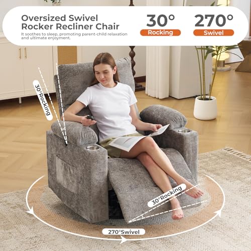 Rocking Chair Nursery with Adjustable Armrests, Electric Glider Recliner Nursing Chair, Power Swivel Recliner Chairs with Massage and Heat, Adjustable Headrest, Dark Grey - color: Dark Grey, size: Power Recliner
