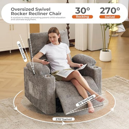 Rocking Chair Nursery with Adjustable Armrests, Electric Glider Recliner Nursing Chair, Power Swivel Recliner Chairs with Massage and Heat, Adjustable Headrest, Dark Grey - color: Dark Grey, size: Power Recliner