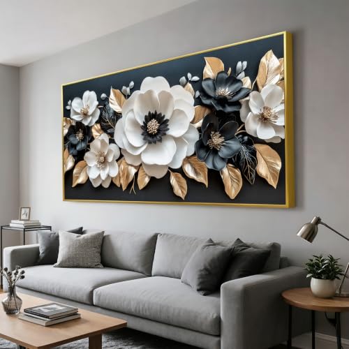 Large Luxury Black White Peony Wall Art Framed with Hooks, Big Bloom Floral Wall Decor 30"x60" - color: Black and White Flower, size: 147L x 73W cm