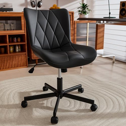 Armless Desk Chair, Morden Home Office Chair no Arms, Adjustable Height & Rocking Computer Chair, PU Leather Vanity Chair, Ergonomic Seat Soft Padded Desk Chairs for Home Small Space, Black - color: Black
