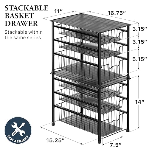 Simple Houseware Stackable 3 Tier Sliding Basket Organizer Drawer, Black - color: Black, size: 3-tier