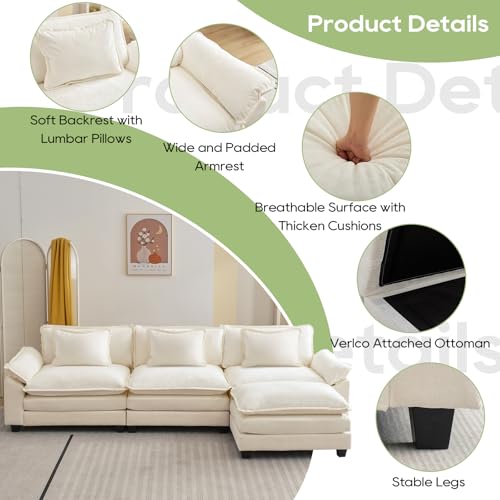 120" Modular Sectional Sofa, Comfy Deep Cloud Couch with Ottoman | L-Shaped Couches for Living Room, Modular Couch, Deep and Wide Seat, Chenille Sofa Sleeper with Throw Pillows, Beige White - color: Beige White, size: 120 Inch L