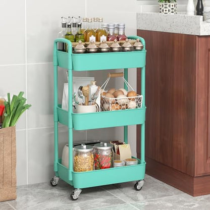 Sywhitta 3-Tier Plastic Rolling Utility Cart with Handle, Multi-Functional Storage Trolley for Office, Living Room, Kitchen, Movable Storage Organizer with Wheels, Green | Multi-Functional Storage Trolley, for Office, Living Room, Kitchen, Bathroom,Movabl
