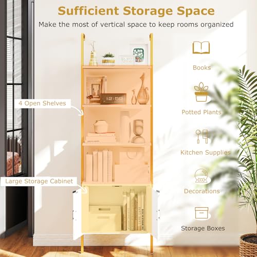 Giantex 5-Tier Wall-Mounted Ladder Shelf, 72.5" Tall Bookshelf w/ 2-Door Cabinet, Modern Style Kitchen Open Shelving Organizer, Heavy-Duty Metal Frame Display Rack for Living Room,White & Gold - color: White & Gold