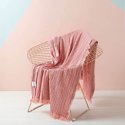 Simple&Opulence 100% Cotton Throw Blanket for Couch, Bed, Waffle Weave Cable Knit Blanket with Tassels, Soft Lightweight Pre-Washed Breathable Cozy Blanket Farmhouse Decoration for All-Season (Pink) - color: Coral Pink