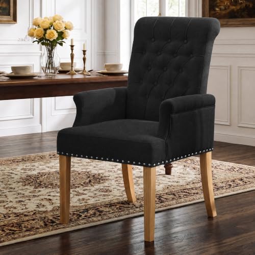 WUTUTUEE Fabric Dining Chair with Arms, Upholstered Tufted High Back Dining Room Chairs, Accent Armchair with Solid Wood Leg and Nailhead Trim, Kitchen Dining Living Room, Black - color: Black, size: 1 PC
