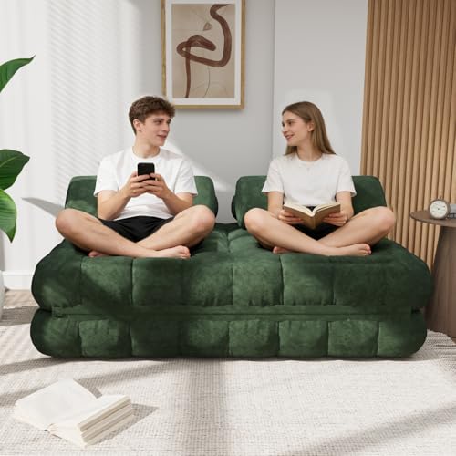 59.1" 3-in-1 Convertible Sofa Bed with Pillows - Green, Full | Folding Loveseat Sleeper Chair, Portable Fold Out Boneless Couch Lounge, Comfy Velvet Floor Mattress for Living Room Bedroom - color: Green, size: Full