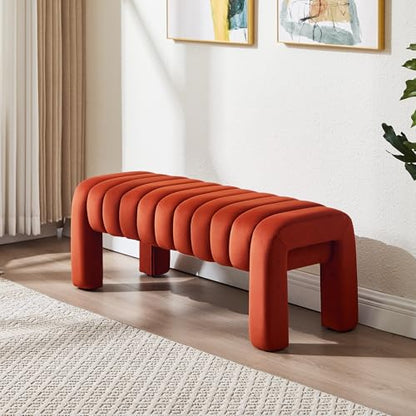 43.3" Bedroom Bench, Upholstered Entryway Bench, Modern End of Bed Ottoman with Solid Wood Legs and Adjustable Foot Pegs for Entryway, Dining Room and Living Room (Rust Velvet) - color: Rust Velvet, size: 43.3"