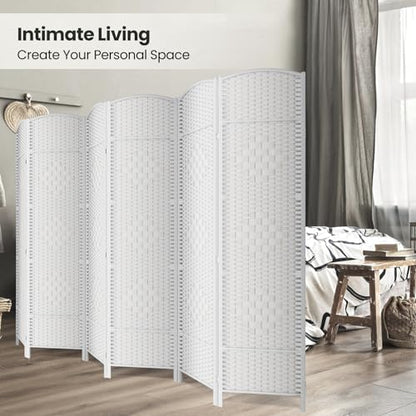 6 Panel Folding Room Divider,Woven Privacy Screen,White | Solid wood frame, handcrafted diamond pattern, 6FT tall, extends to 94.5 inches wide, no assembly required - color: White, size: 6-Panel