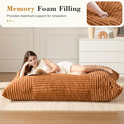 3-in-1 Giant Bean Bag Chair for Adults & Kid, Convertible Floor Sofa to Mattress, High-Density Foam Chair Bed with Washable Cover, Multi Functional Lounge Couch for Bedroom, Living Room (Orange)