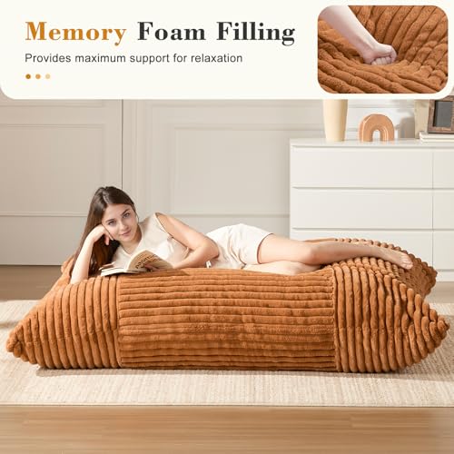 3-in-1 Giant Bean Bag Chair for Adults & Kid, Convertible Floor Sofa to Mattress, High-Density Foam Chair Bed with Washable Cover, Multi Functional Lounge Couch for Bedroom, Living Room (Orange)