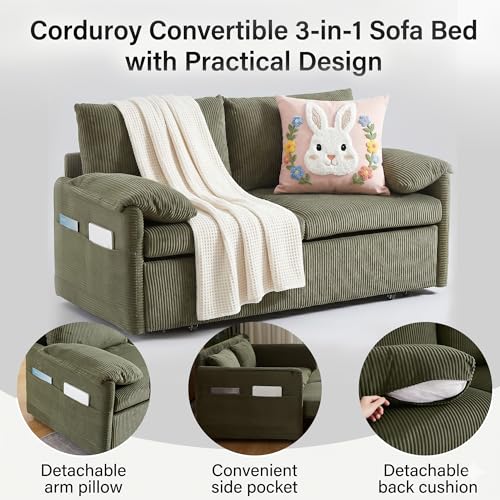 65" Convertible Sofa Bed Loveseat, Corduroy Sleeper Couch, 3 in 1 Folding Couch Sofa for Small Spaces,Apartment and Living Room. (Green)