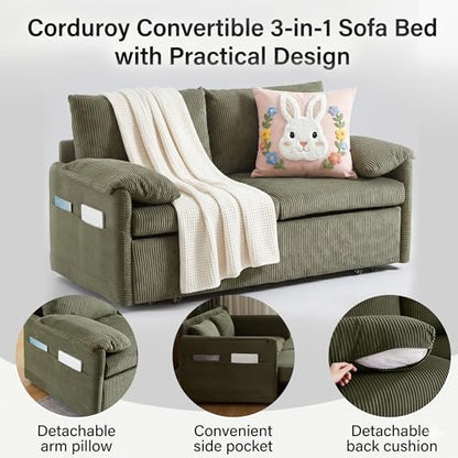 65" Convertible Sofa Bed Loveseat, Corduroy Sleeper Couch, 3 in 1 Folding Couch Sofa for Small Spaces,Apartment and Living Room. (Green)