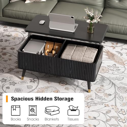 SULIVES Lift Top Coffee Table with Storage,Fluted Coffee Table with Lifting Top,Mid Century Modern Center Table with Solid Wood Legs,Small Coffee Tables for Living Room,Black - color: Black_rectangular