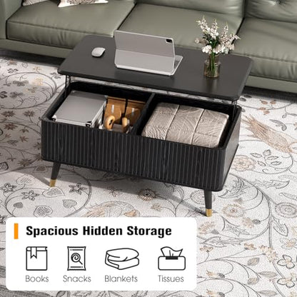 SULIVES Lift Top Coffee Table with Storage,Fluted Coffee Table with Lifting Top,Mid Century Modern Center Table with Solid Wood Legs,Small Coffee Tables for Living Room,Black - color: Black_rectangular