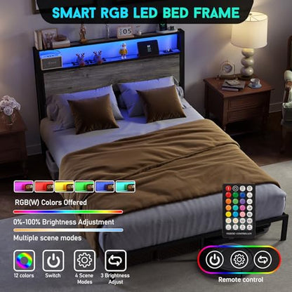 RVONOW Queen Size Bed Frame with 2-Tier Storage Headboard, Rustic Grey | Wooden headboard with LED lights, built-in charging station, No Box Spring Needed, Noise Free, Easy Assembly, Modern Bedroom - color: Rustic Grey, size: Queen