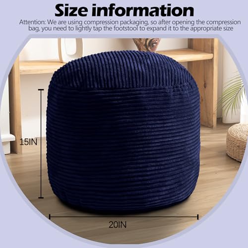 Round Stuffed Pouf Ottoman for Foot Stools, 20"x 15" Corduroy Poufs Ottoman | Shredded Foam Filling, Washable Floor Poufs Foot Rest for Living Room Bedroom Home Decor and Office Chair - color: Navy