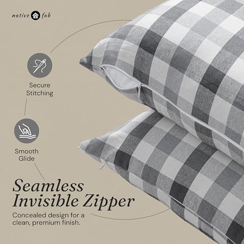 Native Fab Throw Pillow Covers 2 Pack, 12x20 Inches, 100% Cotton, Woven Gingham Plaid, Premium Decorative Cushion Cases, Modern Farmhouse Decor for Living Room, Sofa, Couch, Stone & Charcoal Grey - color: Gingham Stone & Charcoal Grey, size: 20" x 12" (Pa