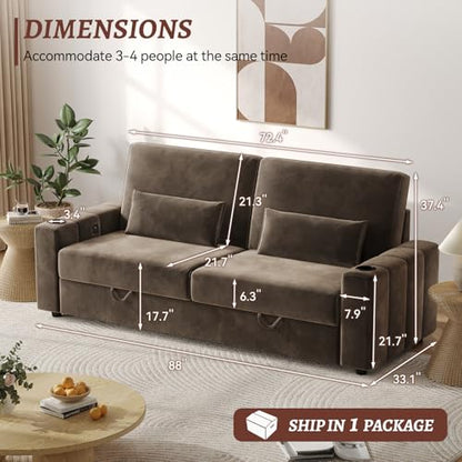 COPIAE Loveseat Sofa, Larger Couch Velvet Fabric with Storage, Charging Ports, Heightened Backrests, Removable Cover Modern Comfy Couches Easy Assembly for Living Room,88 Inch Dark Brown - color: Dark Brown