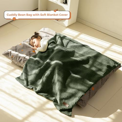 MAXYOYO 3 in 1 Kids Bean Bag Chair Bed, Comfy Floor Sofa with Removed Cover | Convertible Chair Folds from Bean Bag to Lounger, Floor Sofa Couch with High-Density Foam Filling, Dark Green - color: Dark Green