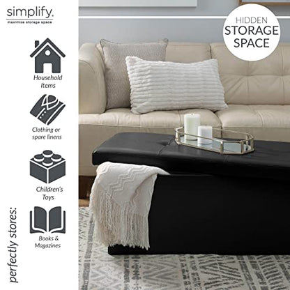 Simplify Faux Leather Folding Storage Ottoman | Triple | Collapsible | Tufted Padded Seating | Foot Rest | Bench | Toy Box | Black - color: Black, size: 15"D x 44"W x 15"H